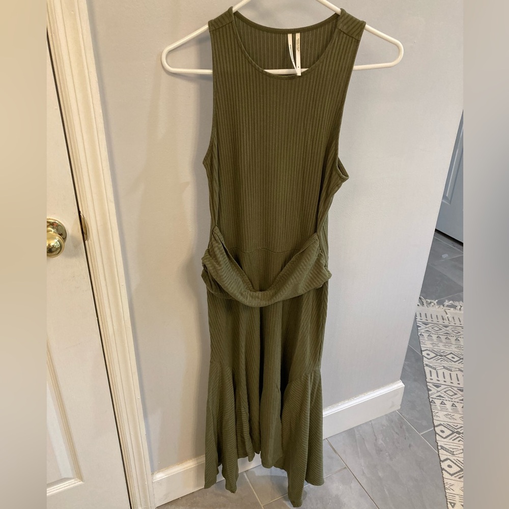 ANTHROPOLOGIE Olive Ribbed Sleeveless Cummerbund Relaxed Maxi Dress M